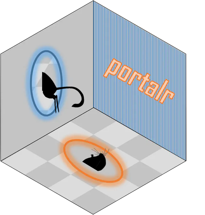 portalr logo:  3D box with portals on two sides and a kangaroo rat moving through one portal into the other. The word portalr on the third side